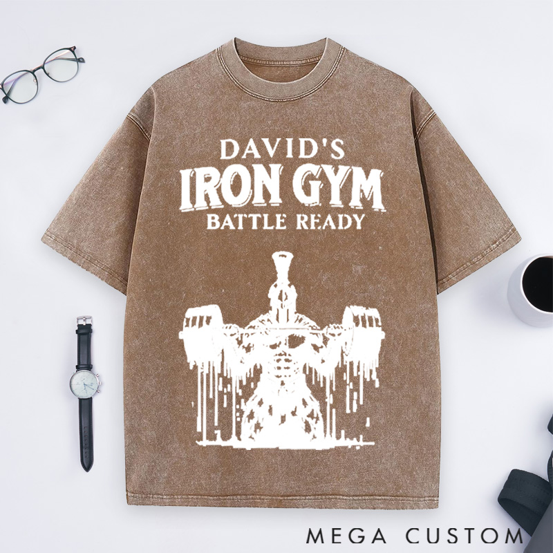Personalized Gym Washed T-Shirts with Classic Soldier with Barbell Design for Fitness Enthusiasts Bodybuilders and Gym Lovers