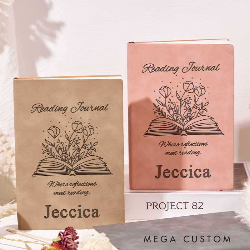 Personalized Leather Reading Journal Engraved Book and Flower Notebook with Name Librarian Journal for Book Lover Gift Bookish Gift