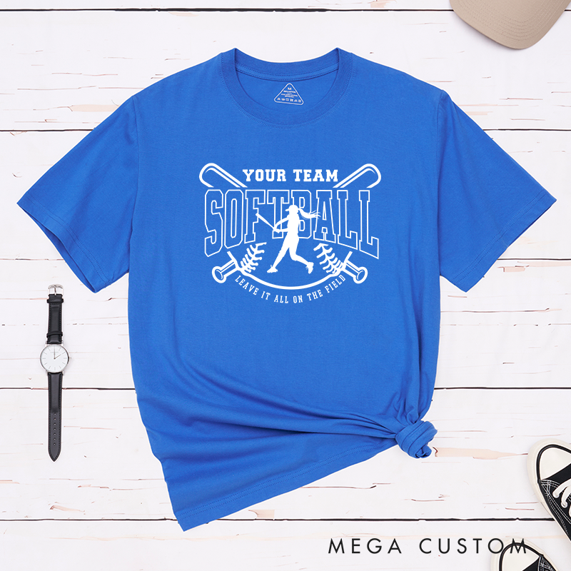 Softball Team T-Shirt Featuring Customizable Team Name Player Silhouette and Motivational Slogan Design