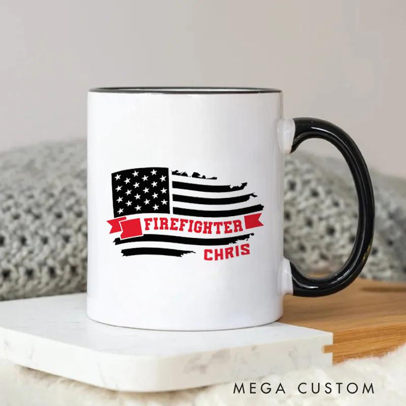 Personalized Firefighter Mug American Flag Design with Red Banner and Firefighter Text Coffee Mug Gift for Firefighters
