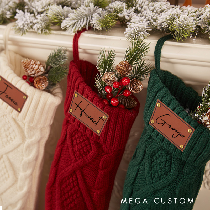 Personalized Family Christmas Stocking 2025 Family Stockings with Name Leather Patch Knitted Stockings Holiday Stockings Christmas Gifts