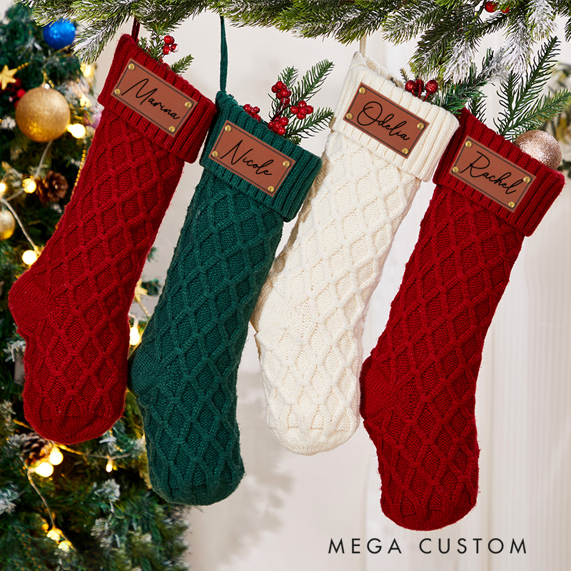 Personalized Family Christmas Stockings 2025 Family Stockings with Name Leather Patch Knitted Stockings Holiday Stockings Christmas Gift