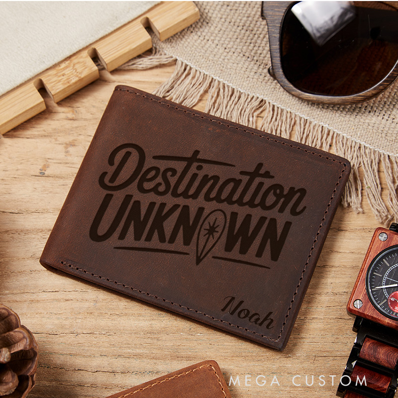 Personalized Destination Unknown Engraved Leather Wallet for Traveling Gift for Travelers Adventure Lover Wallet