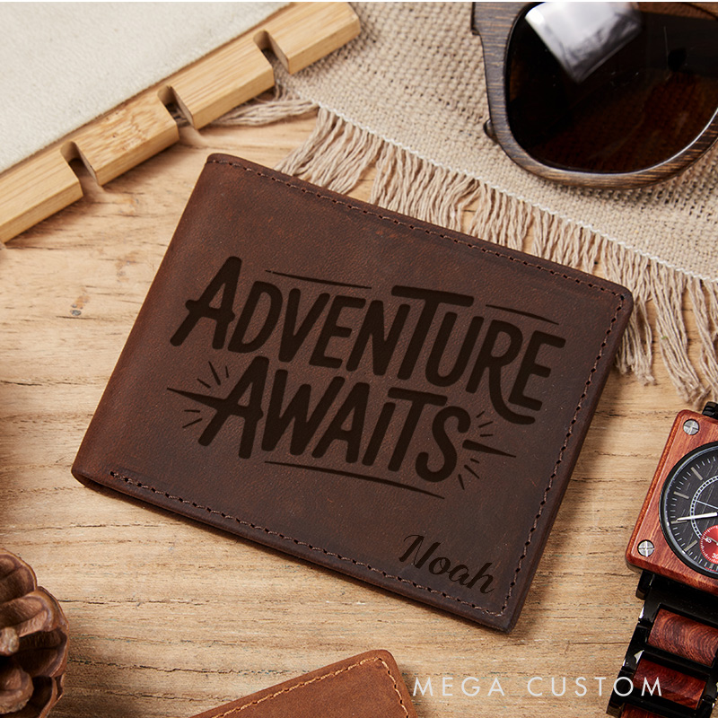 Personalized Adventure Awaits Engraved Leather Wallet for Traveling Gift for Travelers Gift For Men Explorer Style