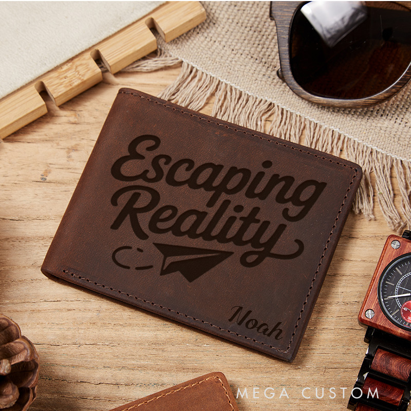 Personalized Escaping Reality Engraved Leather Wallet for Traveling Gift for Travelers Adventure Lover Wallet