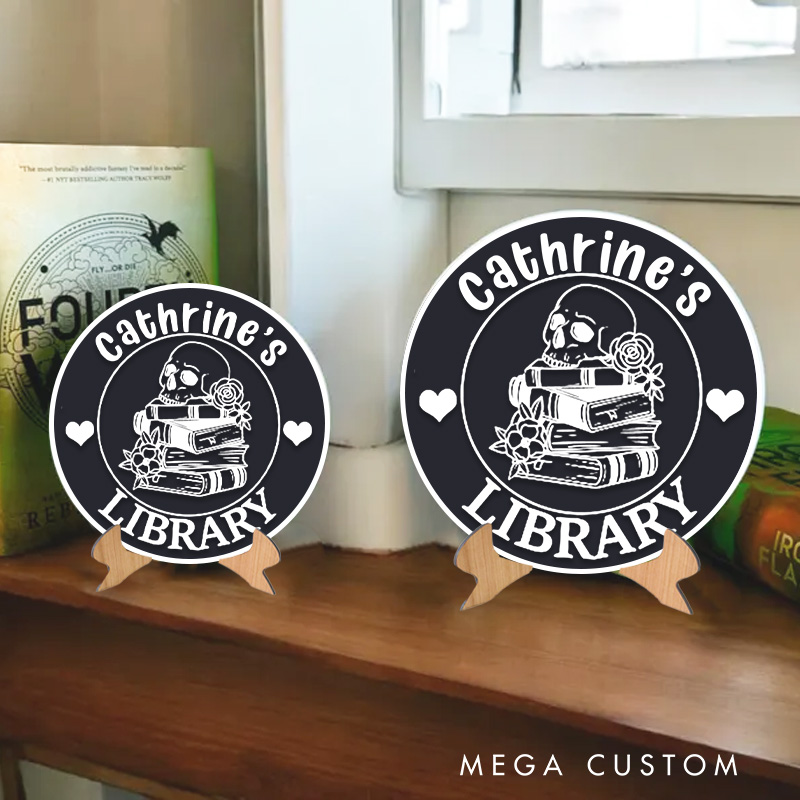 Personalized Book and Skull Library Sign Bookish Table Decor 3D Printed Bookish Bookshelf Sign with Stand for Book Lover Gift Librarian Gift