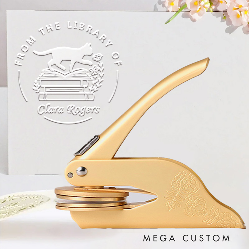 Personalized Flower Books and Cat Embosser Stamp with Name from the Library of Stamp Library Embosser Bookish Gift Book Lover Gift for Librarian