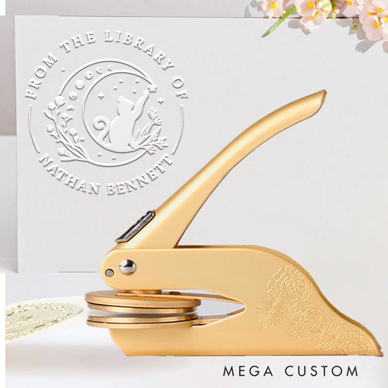 Personalized from the Library of Book Embosser Stamp Flower Moon and Cat Stamp Library Embosser with Name Bookish Stamp Book Lover Gift for Librarian