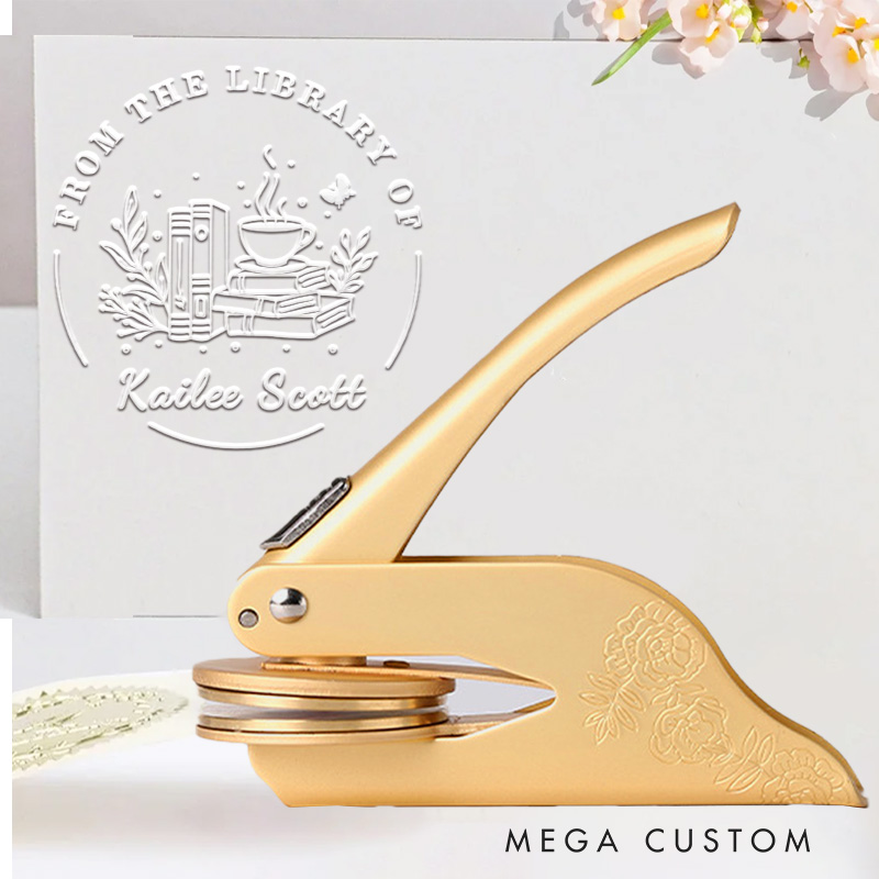 Personalized from the Library of Book Embosser Stamp Flower Book and Coffee Stamp Library Embosser with Name Book Lover Gift for Librarian Gift