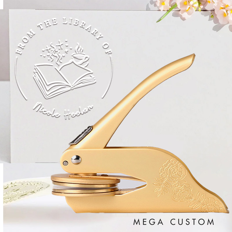 Personalized Book and Coffee Book Embosser Stamp from the Library of Stamp Library Embosser with Name Bookish Gift Book Lover Gift for Librarian