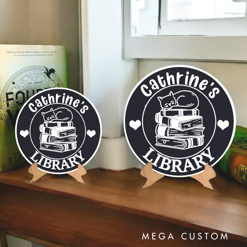 Personalized Book and Cat Library Sign Bookish Table Decor 3D Printed Bookish Bookshelf Sign with Stand for Book Lover Gift for Librarian