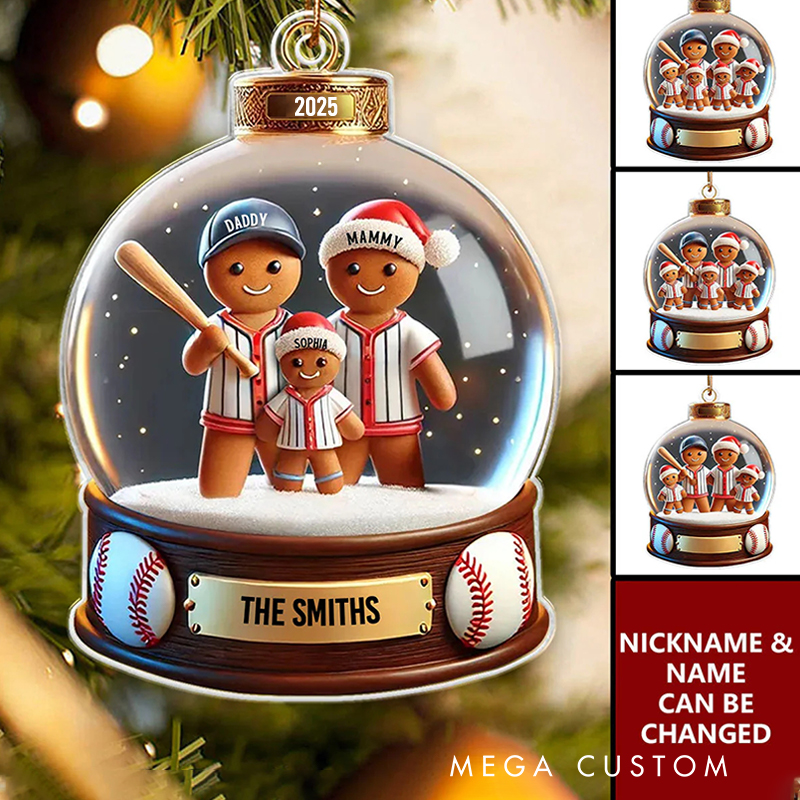 Personalized Acrylic Baseball Themed Christmas Ornament Featuring Gingerbread Family