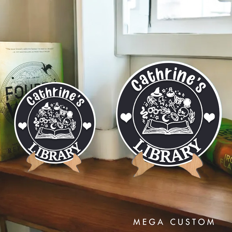 Personalized Skull and Witchy Hat Library Sign Bookish Halloween Table Decor 3D Printed Bookish Bookshelf Sign with Stand for Book Lover Gift Librarian Gift