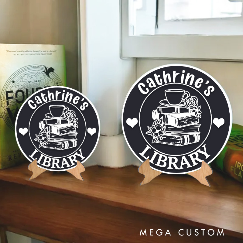 Personalized Flower Book and Coffee Library Sign Bookish Custom Table Decor 3D Printed Bookish Bookshelf Sign with Stand for Book Lover Gift Librarian Gift