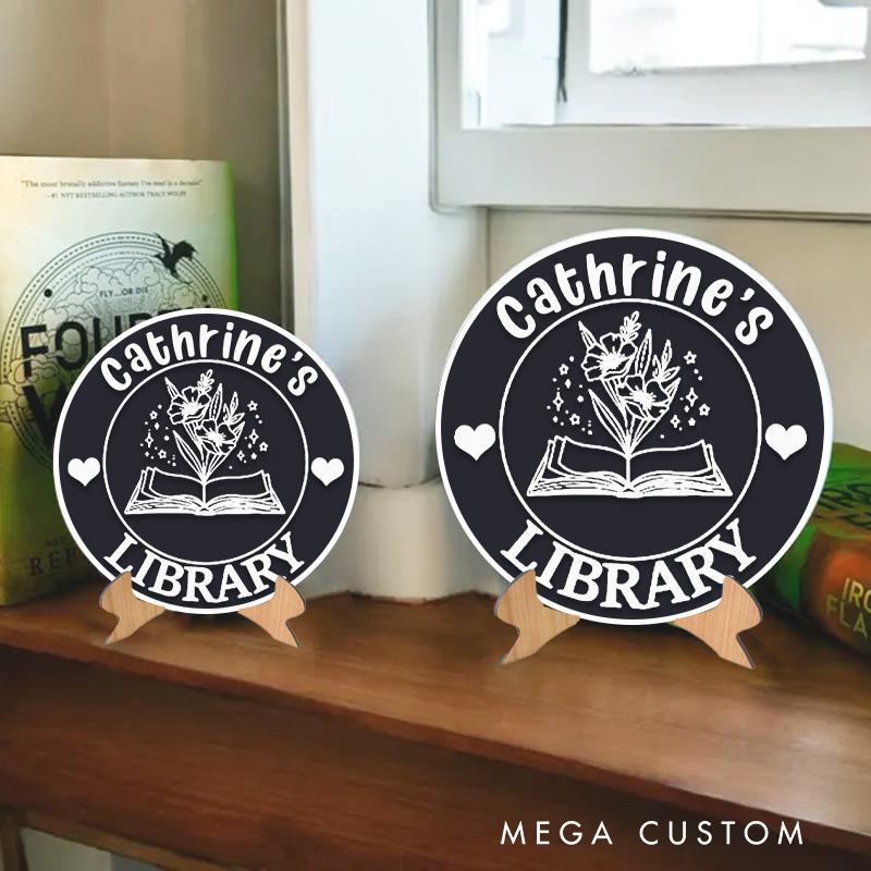 Personalized Flower Book Library Sign 3D Printed Bookish Table Decor with Stand Bookish Bookshelf Sign with Name for Book Lover Gift for Librarian
