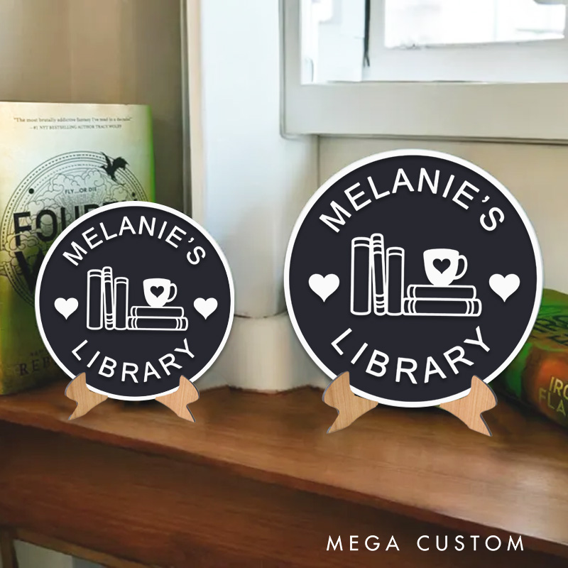 Personalized Book and Coffee Library Sign 3D Printed Bookish Bookshelf Sign with Stand Custom Bookish Table Decor for Book Lover Gift Librarian Gift