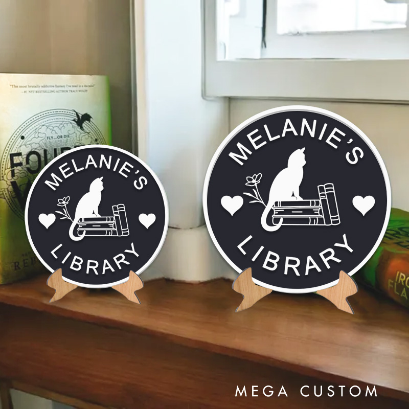 Personalized Cat and Flower Book Library Sign 3D Printed Bookish Table Decor Bookish Bookshelf Sign with Stand for Book Lover Gift Librarian Gift
