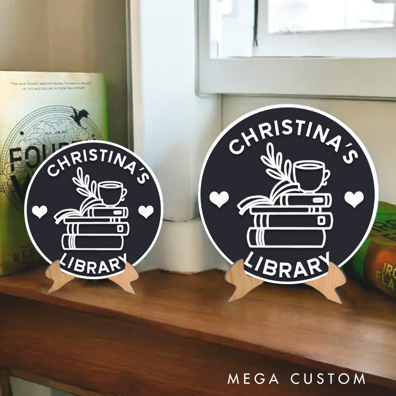 Personalized 3D Printed Book and Coffee Library Sign with Name Bookish Table Decor with Stand Bookish Bookshelf Sign Book Lover Gift for Librarian