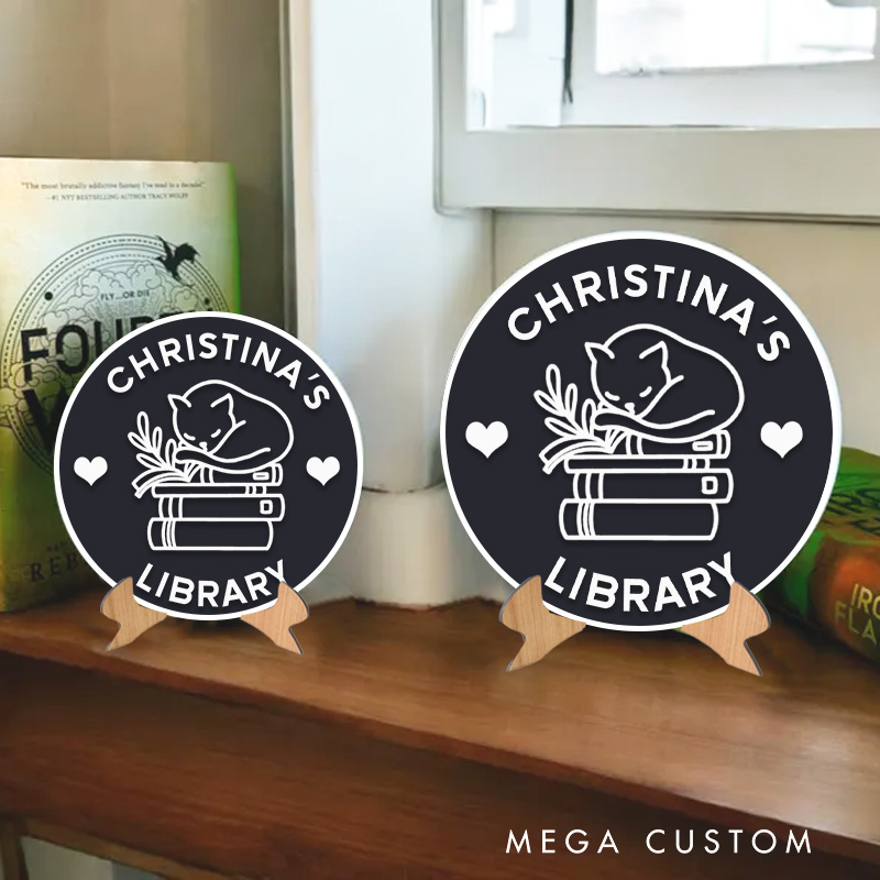 Personalized 3D Printed Book and Sleep Cat Library Sign with Name Bookish Table Decor with Stand Bookish Decor Sign Book Lover Gift for Librarian