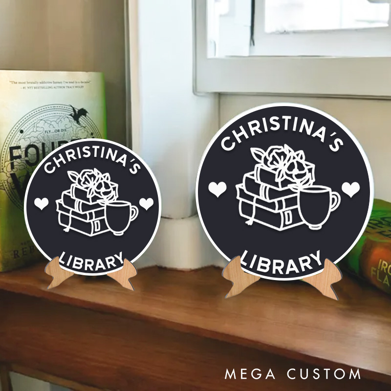 Personalized 3D Printed Book and Cup Library Sign with Name Table Decor with Stand Bookish Decor Sign Book Lover Gift for Librarian