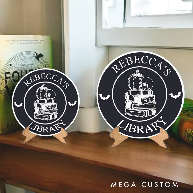 Personalized Skull and Book Library Sign 3D Printed Bookish Table Decor with Name Halloween Book Nook with Stand for Book Lover Gift Librarian Gift