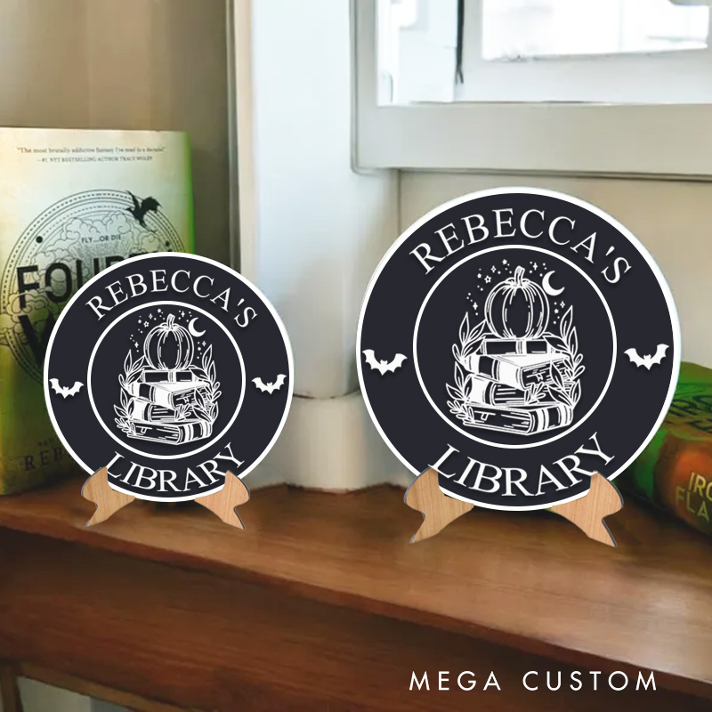 Personalized Skull and Book Library Sign 3D Printed Name Bookish Table Decor Pumpkin Book Nook with Stand for Book Lover Gift Librarian Halloween Gift