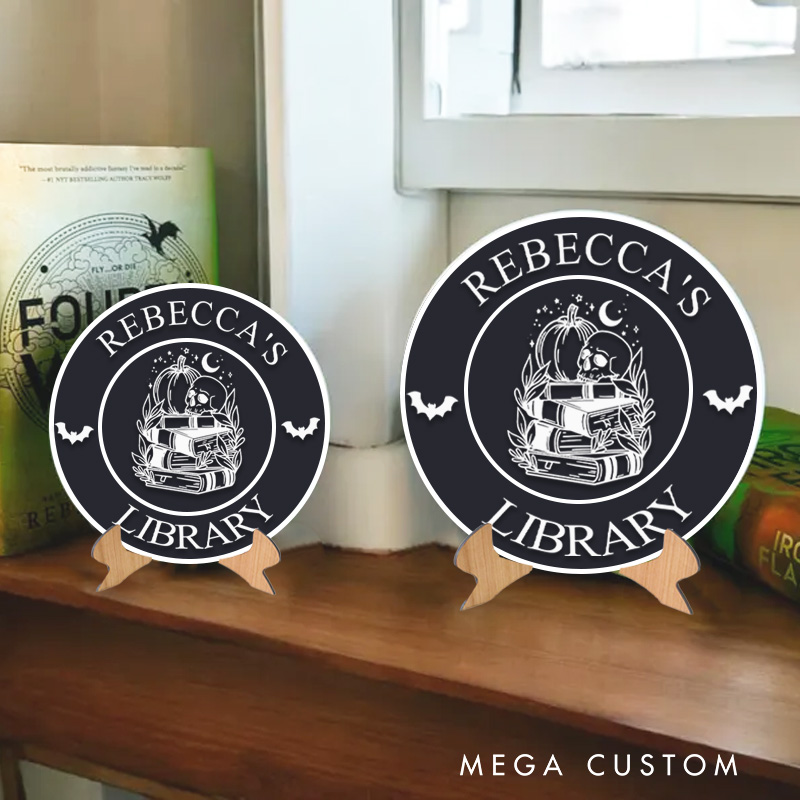 Personalized 3D Printed Pumpkin and Skull Name Library Sign Halloween Bookish Decor with Stand Book Nook Decor Book Lover Gift for Librarian Gift