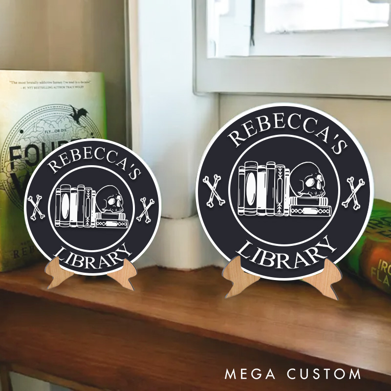 Personalized Book and Skull Library Sign 3D Printed Halloween Bookish Decor Book Nook Table Decor with Stand Book Lover Gift Librarian Halloween Gift