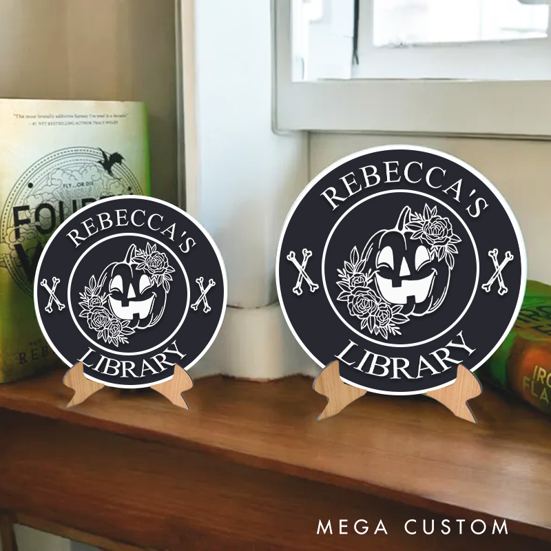 Personalized Halloween Pumpkin Name Library Sign 3D Printed Bookish Decor with Stand Book Nook Decor Book Lover Gift for Librarian Gift