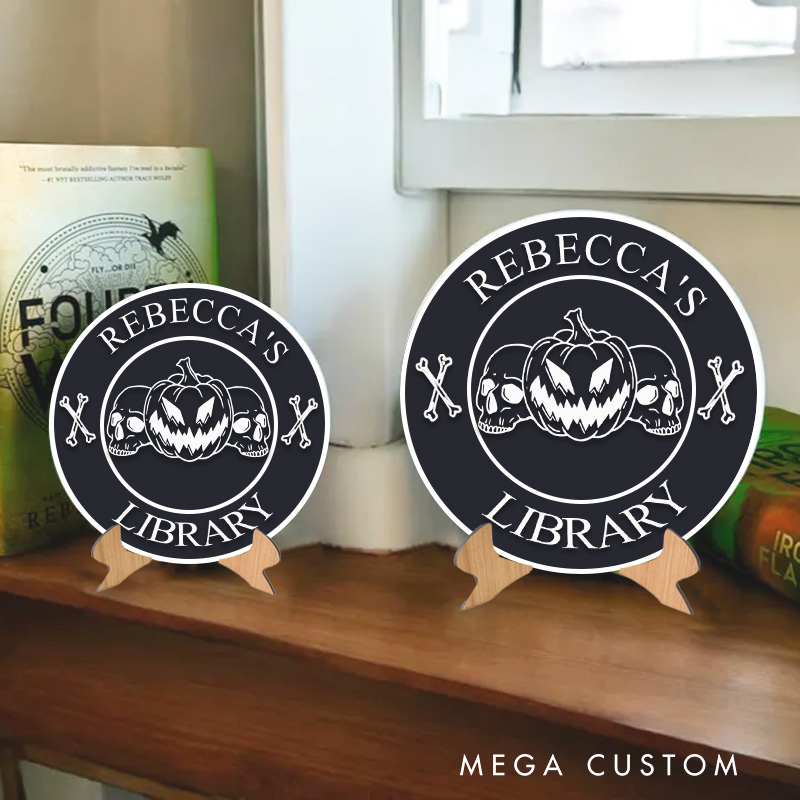 Personalized 3D Printed Skull and Pumpkin Library Sign Halloween Name Bookish Decor with Stand Horror Book Nook Decor Book Lover Gift Librarian Gift