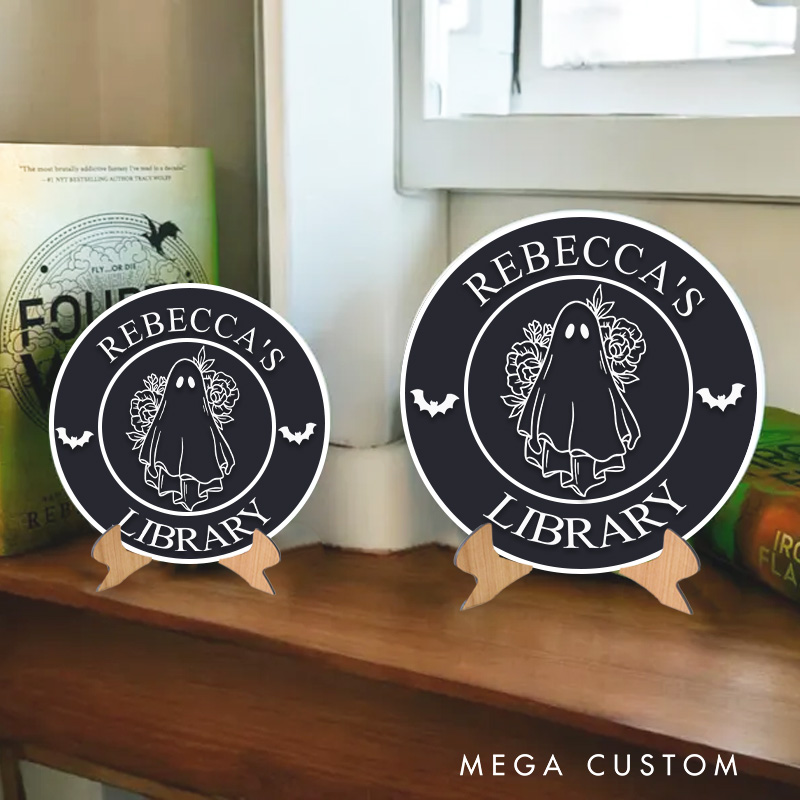 Personalized 3D Printed Flower Ghost Library Sign Halloween Name Bookish Decor with Stand Spooky Book Nook Decor Book Lover Gift Librarian Gift