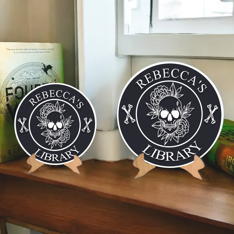 Personalized 3D Printed Flower Skull Library Sign Halloween Name Bookish Decor with Stand Skull Book Nook Decor Book Lover Gift Librarian Gift