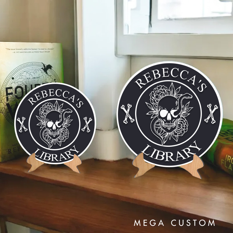 Personalized 3D Printed Flower Skull and Serpent Library Sign Halloween Name Bookish Decor with Stand Book Nook Decor Book Lover Gift Librarian Gift