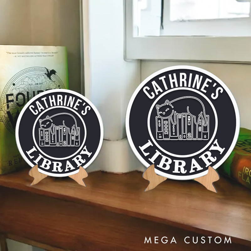 Personalized 3D Printed Book and Cat Library Sign Name Book Nook Decor with Stand Bookshelf Sign for Readers Book Lover Gift Librarian Gift