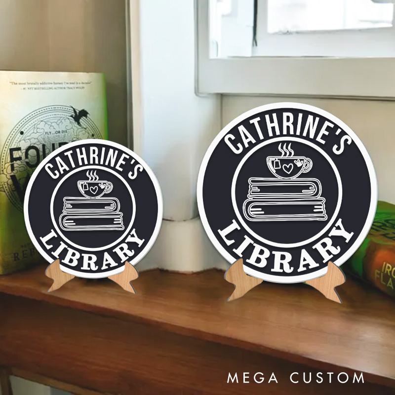 Personalized Book and Coffee Library Sign 3D Printed Name Book Nook Decor with Stand Bookshelf Sign for Readers Book Lover Gift Librarian Gift