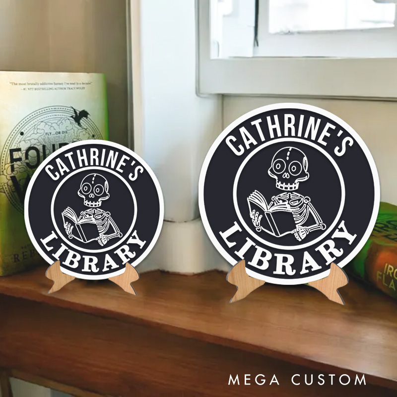 Personalized 3D Printed Reading Skeleton Library Sign Bookshelf Sign Name Book Nook Decor with Stand for Readers Book Lover Gift Librarian Gift