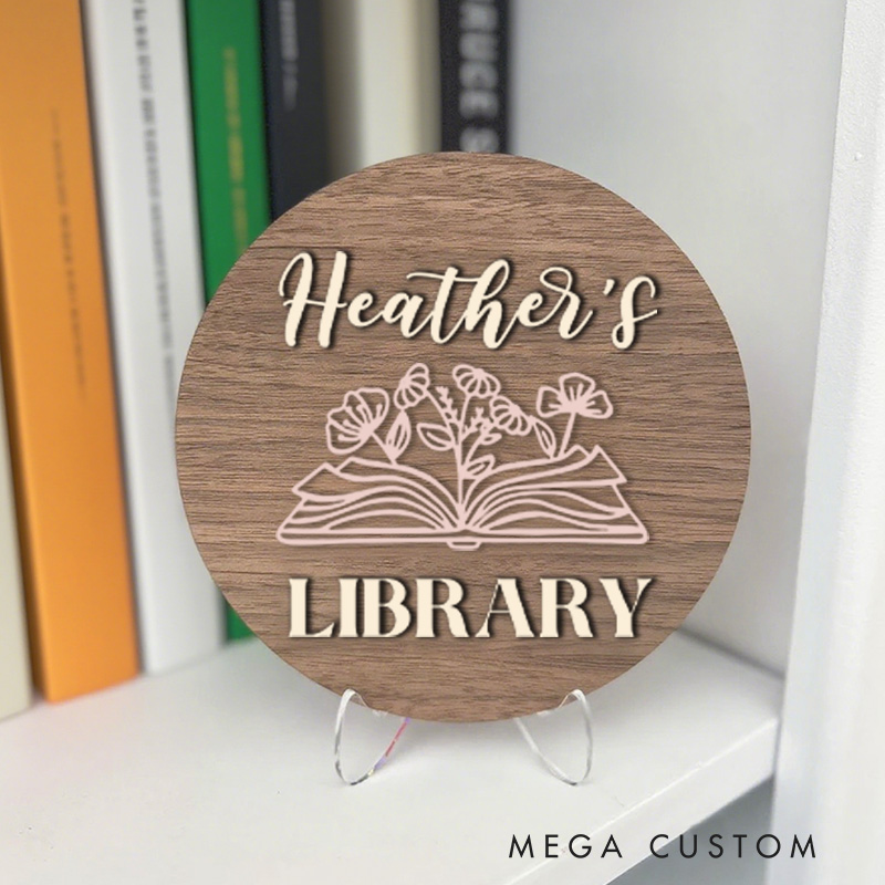 Personalized Flower Book Library Sign Custom Name Bookshelf Decor with Stand Book Nook Sign Library Sign for Book Lover Gift Librarian Gift