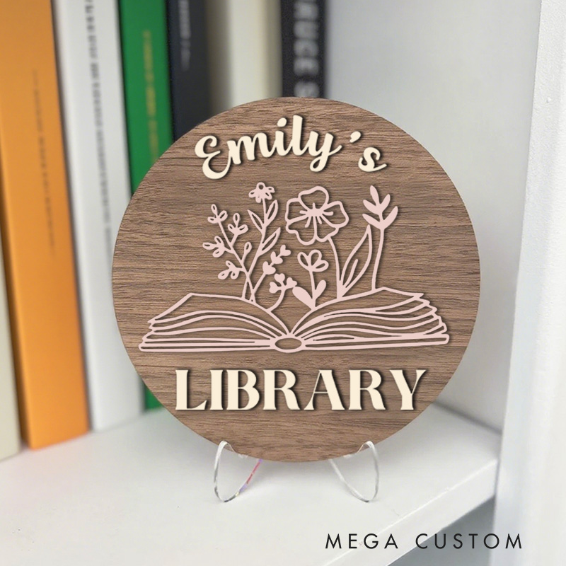 Personalized Flower Book Library Sign Custom Bookshelf Decor with Stand Name Book Nook Sign Library Sign for Reader Book Lover Gift Librarian Gift