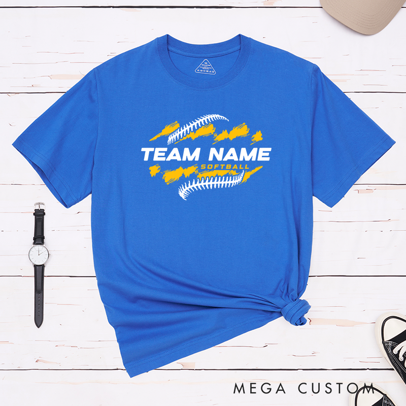 Personalized Softball Team T-Shirt Design Featuring Customizable Team Name Bold Text Dynamic Brushstroke Elements and Softball Stitch Graphics