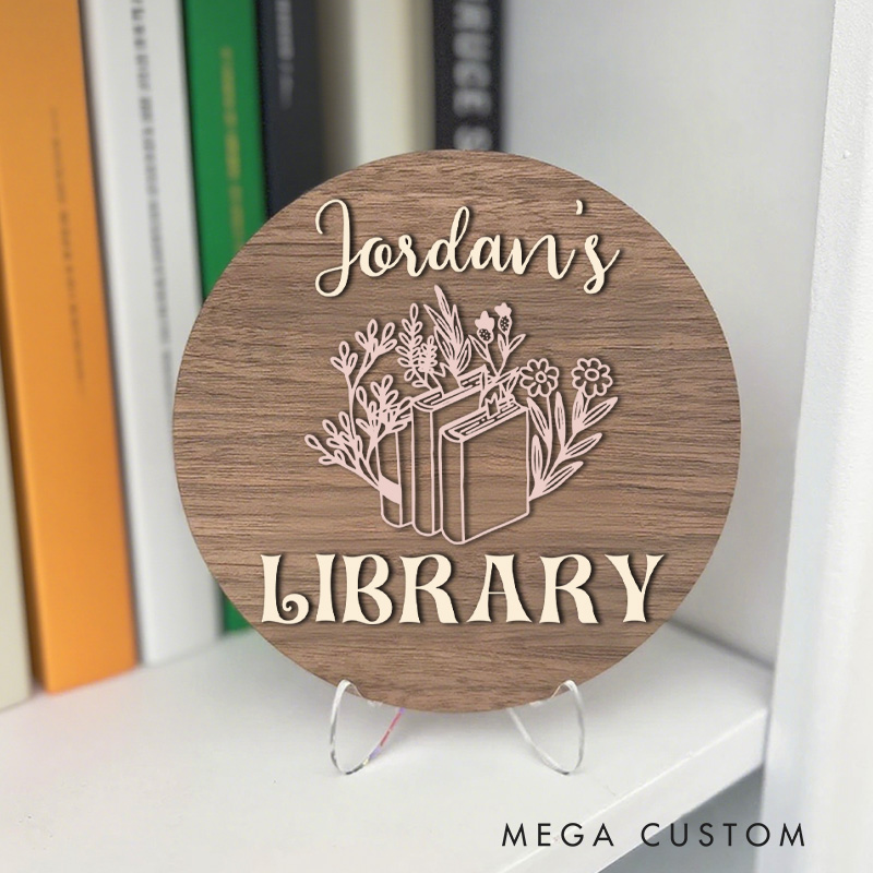 Personalized Flower Book Library Sign Custom Bookshelf Decor with Stand Wooden Name Book Nook Sign Library Sign for Book Lover Gift Librarian Gift