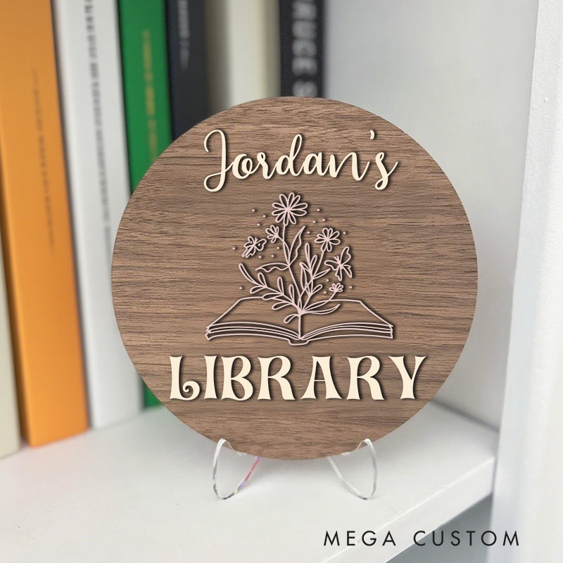 Personalized Flower Book Library Sign Custom Name Bookshelf Decor with Stand Wooden Library Sign Book Nook Sign for Book Lover Gift Librarian Gift