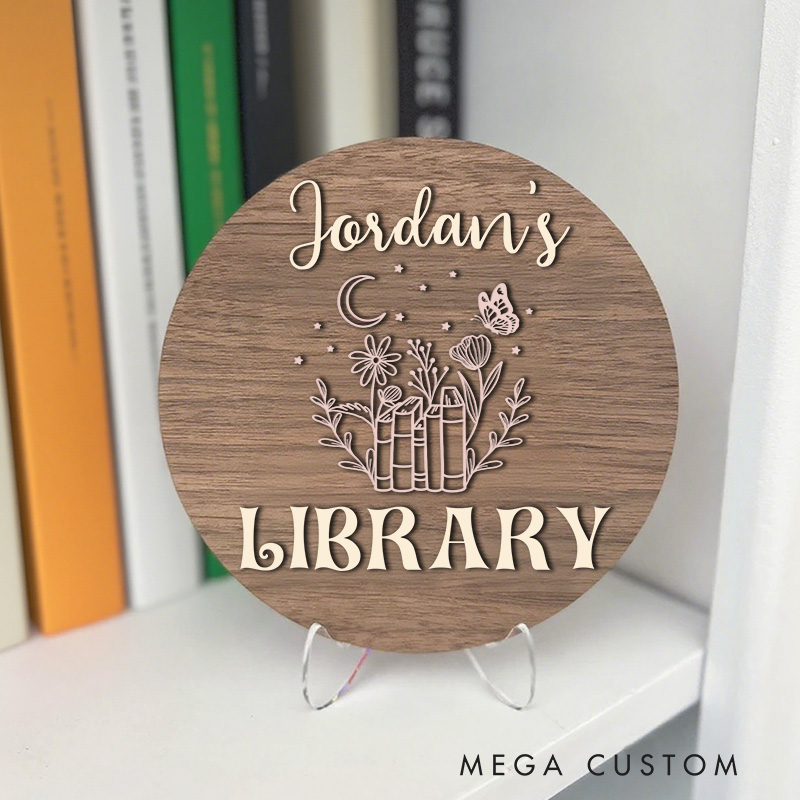 Personalized Wooden Flower Book Library Sign Name Bookshelf Decor with Stand Custom Library Sign Book Nook Sign for Book Lover Gift Librarian Gift