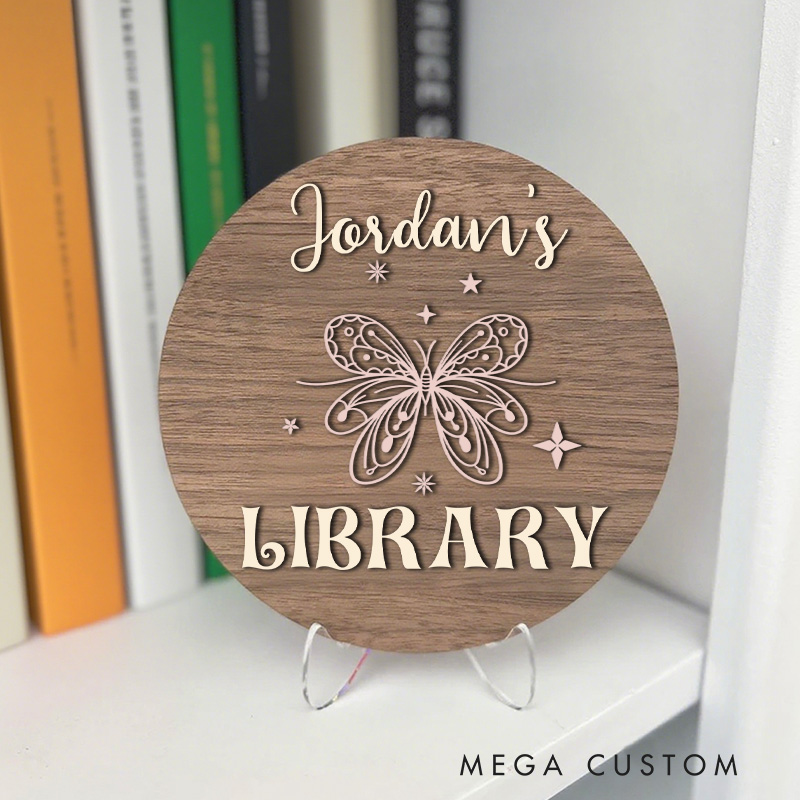 Personalized Butterfly Book Library Sign Wooden Name Bookshelf Decor with Stand Custom Library Sign Book Nook Sign for Book Lover Gift Librarian Gift