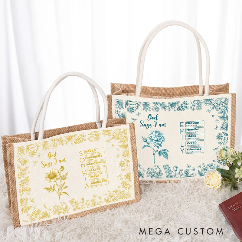 Personalized Toile De Jouy Birth Flower Bible Chapter Name Large Capacity Jute Tote Bag Baptism Birthday Christmas Gift for Women Christians