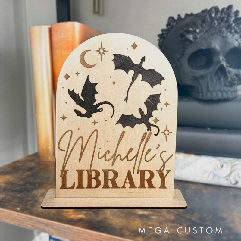 Personalized Dragon Library Sign Wooden Name Library Table Decor Bookshelf Decor with Stand Bookish Decor Fantasy Book Lover Gift Librarian Gift