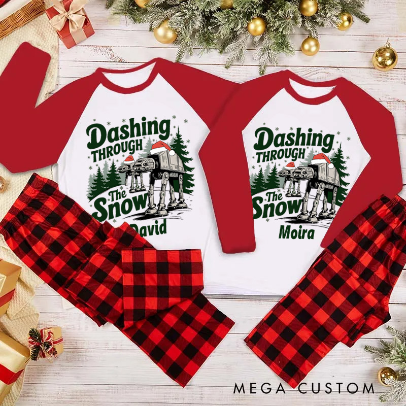 Personalized Dashing Through the Snow Christmas Pajamas Funny Xmas Couples Pajamas Christmas Gift for Geek Sci-Fi Lover
