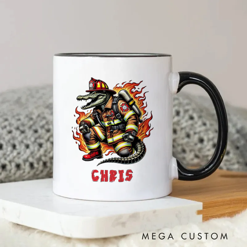 Personalized Firefighter Mug Fierce Alligator Firefighter Illustration with Flames Coffee Mug Gift for Firefighters