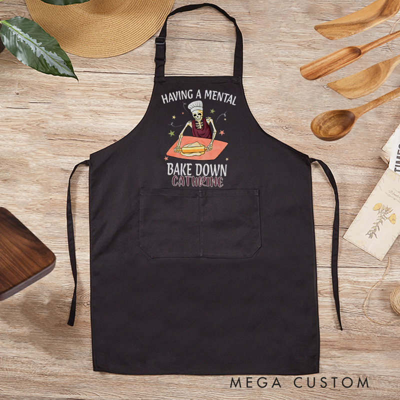 Personalized Having a Mental Bake Down Aprons Skeleton Baker Apron with Name Halloween Baking Apron for Baking Lover Gift