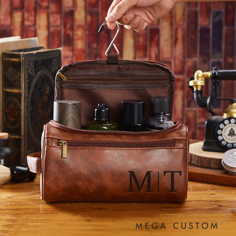 Personalized Classic British Graphic Leather Dopp Kit Art Lover Mens Leather Toiletry Bag Engraved Dopp Bag Gift For Men