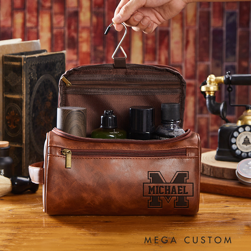 Personalized Classic American Graphic Leather Dopp Kit Art Lover Mens Leather Toiletry Bag Engraved Dopp Bag Gift For Men